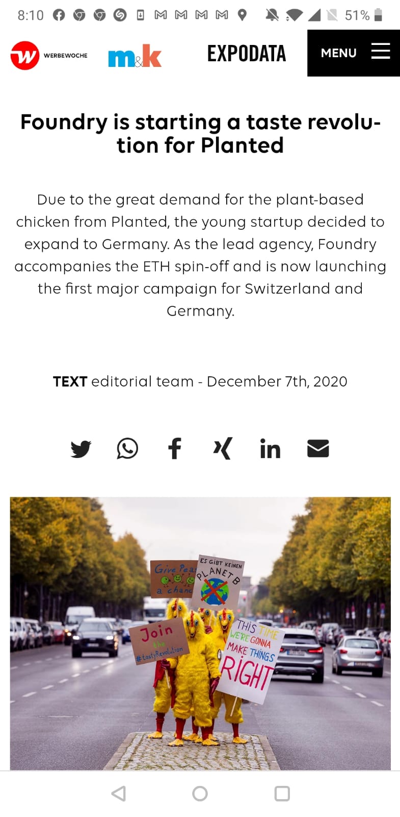 Werbewoche press screenshot: 'Foundry is starting a taste revolution for Planted'